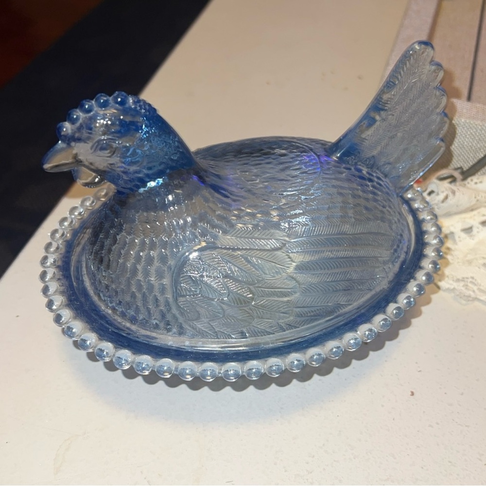 Indiana glass Blue  Hen on Nest Covered Dish